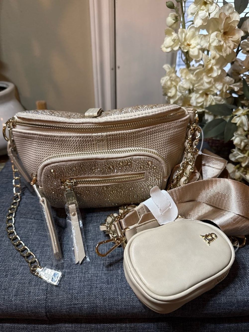 Steve Madden Champagne Beige Crossbody Set with Detachable Mini Pouch